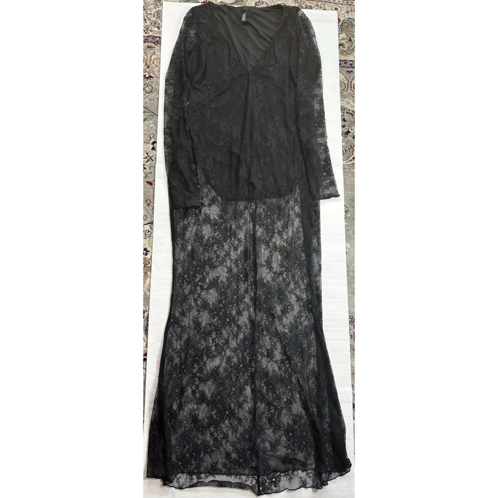 Skims Ultra Fine Lace Plunge Long Sleeved Maxi Dress Onyx Sz 2X Sexy Edgy Dark - Picture 10 of 10